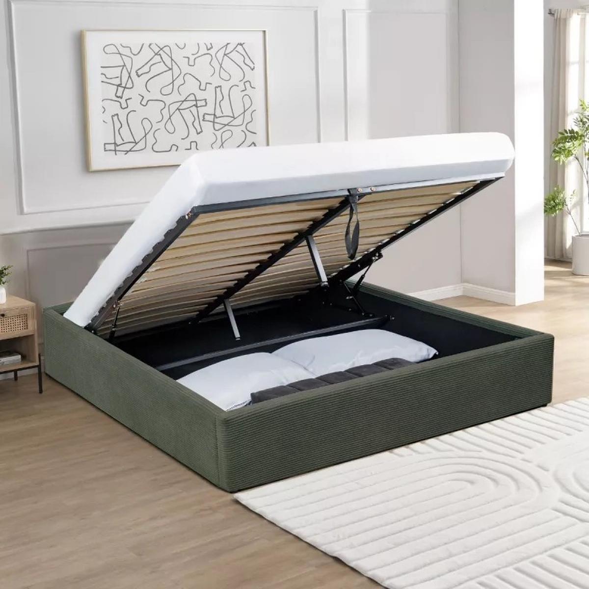 BETT mit Bettkasten 160 x 200 cm aus Kordvelours, Khaki 171/36,50/215 cm - Grün, Holz (200/160cm) - Calicosy