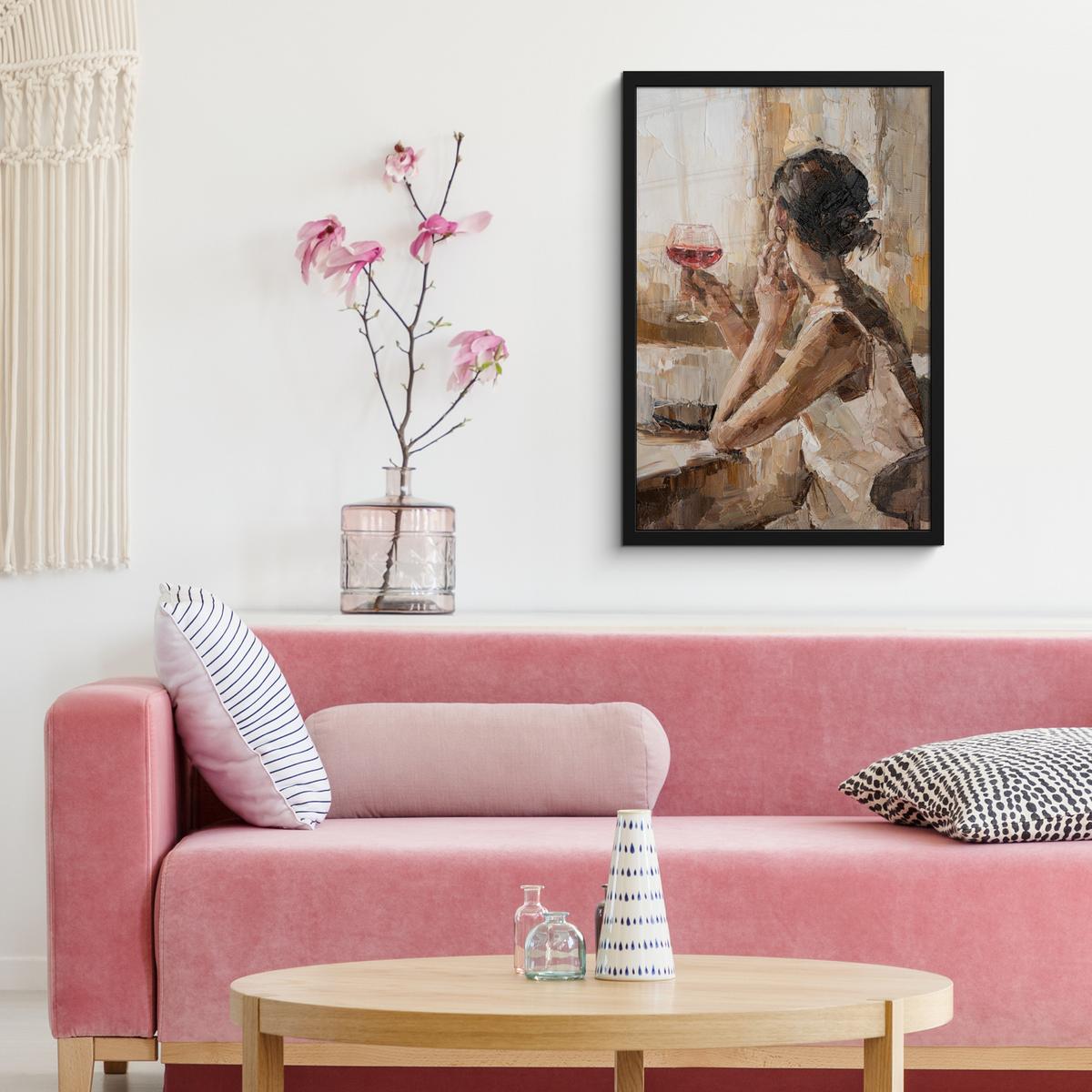 POSTER MIT RAHMENGERAHMTES BILD Ölgemälde - Frau - Wein Bilder mit Rahmen 40x60 cm - Hellbraun, Papier (40/60cm) - MuchoWow