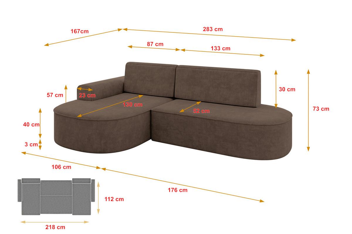 ECKSOFA mit Schlaffunktion und Bettkasten Ottomane Links MARI-L1-S - 283x167x73 cm Braun Velours - Schwarz/Bronzefarben, Holzwerkstoff/Kunststoff (283/167cm) - ALTDECOR