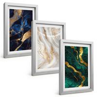 BILDER SET 3er Set - 20x30 cm Silberner Rahmen - Abstrakte blaugrüne Muster - Silberfarben, Kunststoff (20/30cm) - TULUP