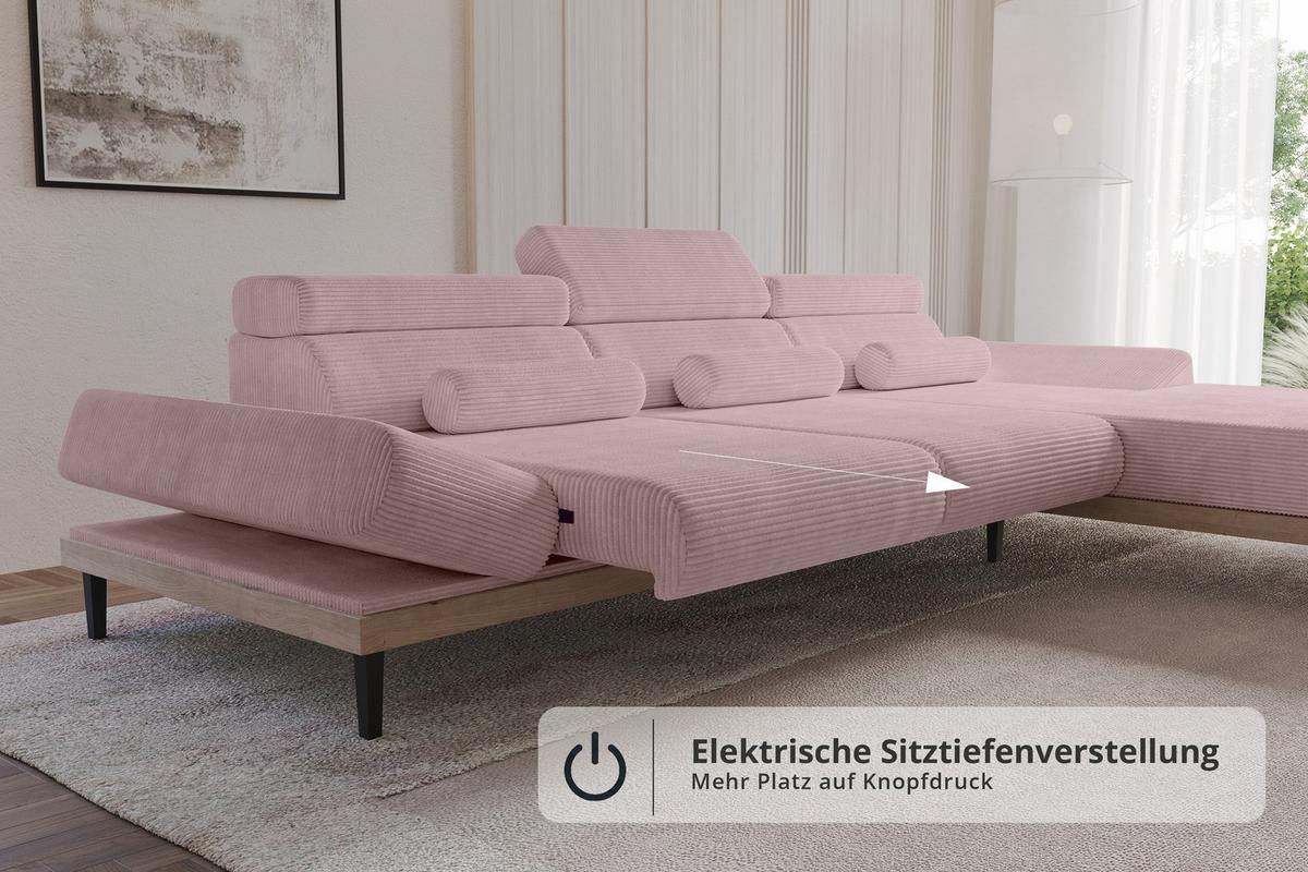 ELEKTRISCHES ECKSOFA Rechts MONA 316x205x85 Rosa Cord - Rosa, Holzwerkstoff/Textil (316/205cm) - ALTDECOR