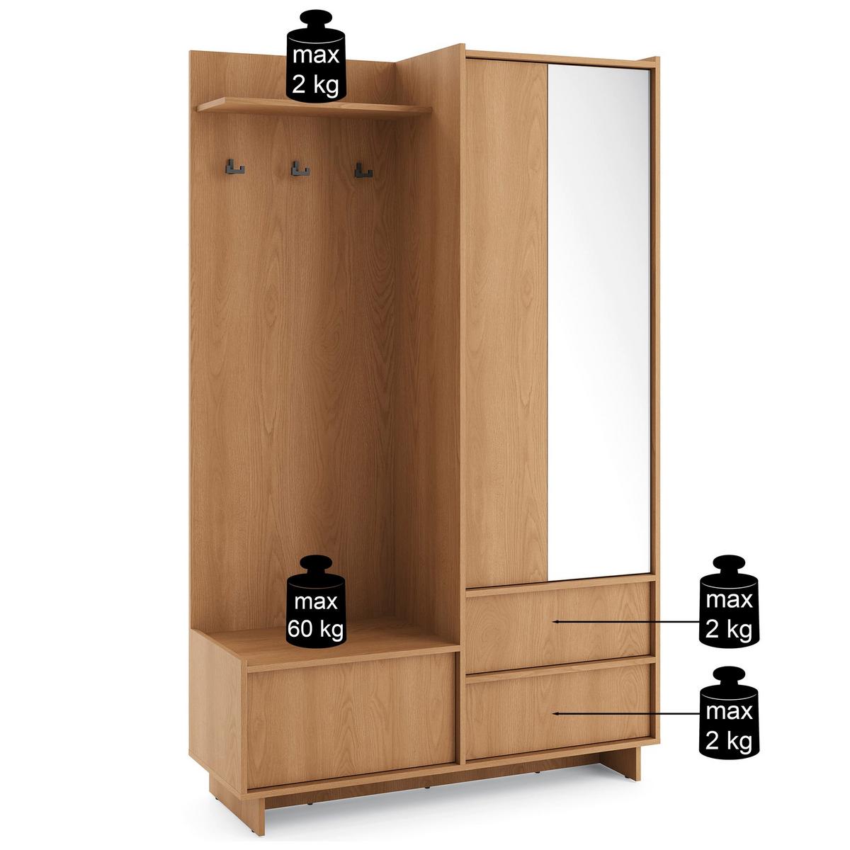KLEIDERSCHRANK Yasumi mit 2 Schubladen 125 cm - Eichefarben, Holzwerkstoff (125/201/39cm) - Selsey