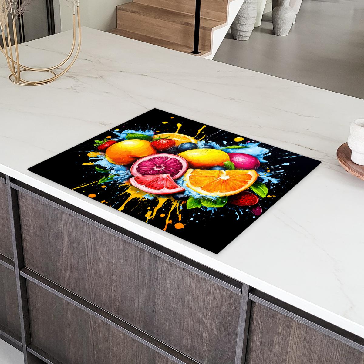 HERDABDECKPLATTE Obst - Graffiti - Bunt - Orange - Erdbeere - Abstrakt Induktionsmatte 77x59 cm - Orange, Kunststoff (77/59/0.2cm) - MuchoWow