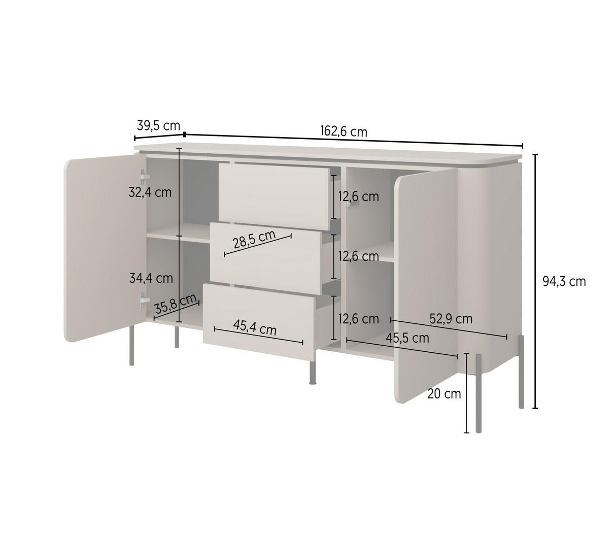 SIDEBOARD BELTA 162,8x39,5x94,3 cm mit 3 Schubladen und 2 Türen Congo - Beige, Holzwerkstoff (162.8/94.3/39.5cm) - MASSENO