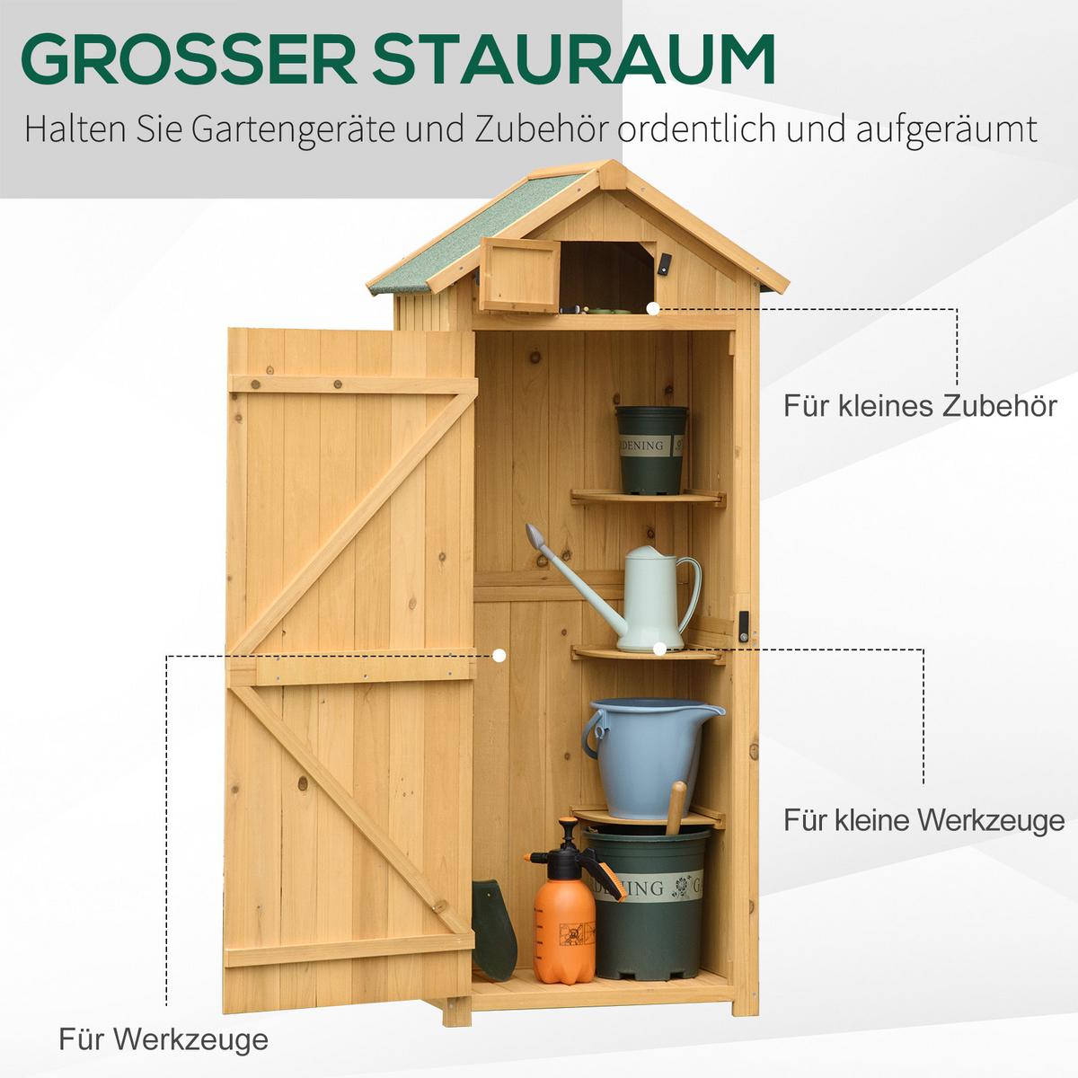 GARTENSCHRANK Geräteschuppen, mit Fachböden, Asphaltdach, Fenster, Holz, Gelb+Grün - Braun, Holz (54.2/179/77cm) - Outsunny