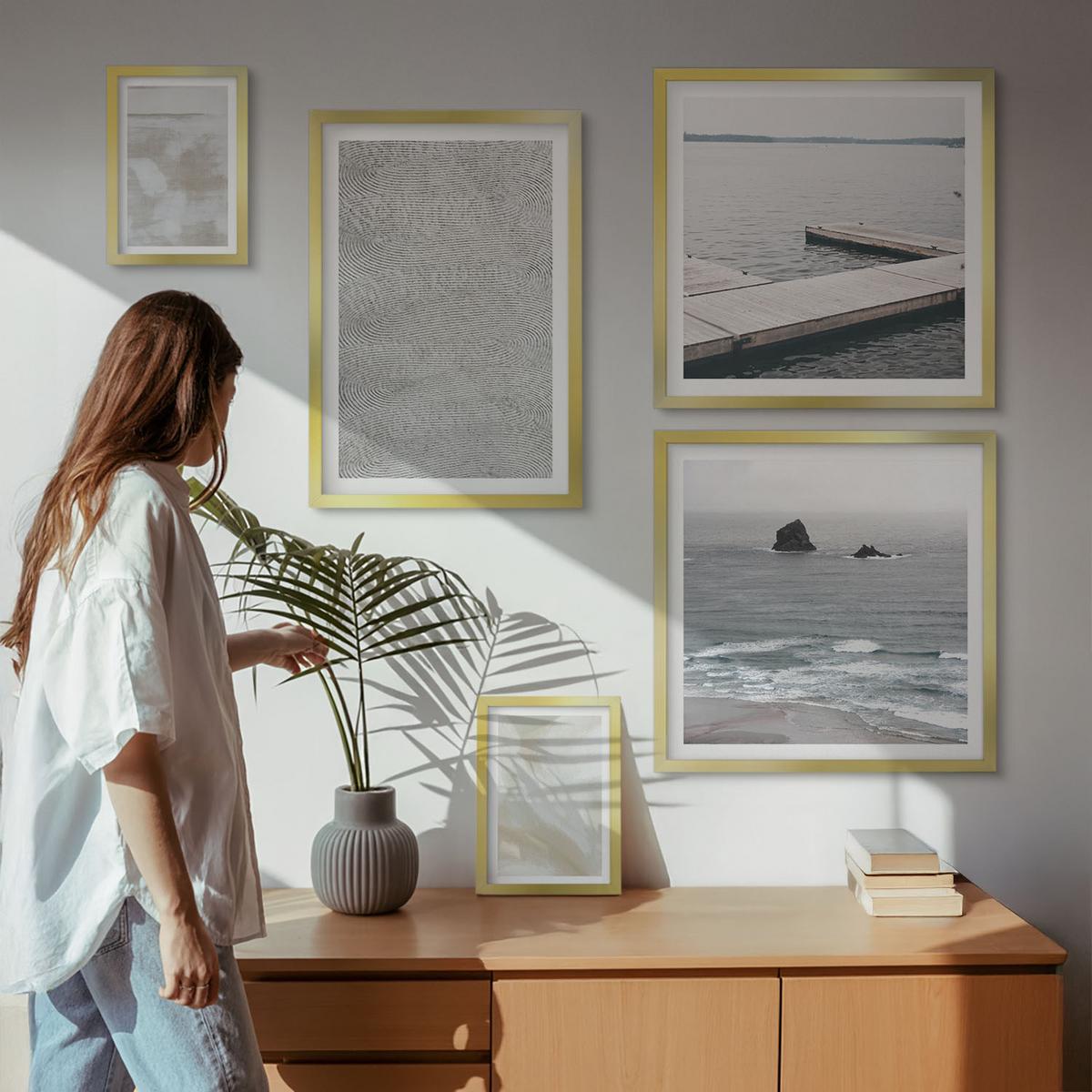 BILDER SET 5er Set - 50x50 cm & 20x30 cm & 40x60 cm Goldrahmen - Abstraktes Design, moderne Texturen - Goldfarben, Kunststoff (40/60cm) - TULUP