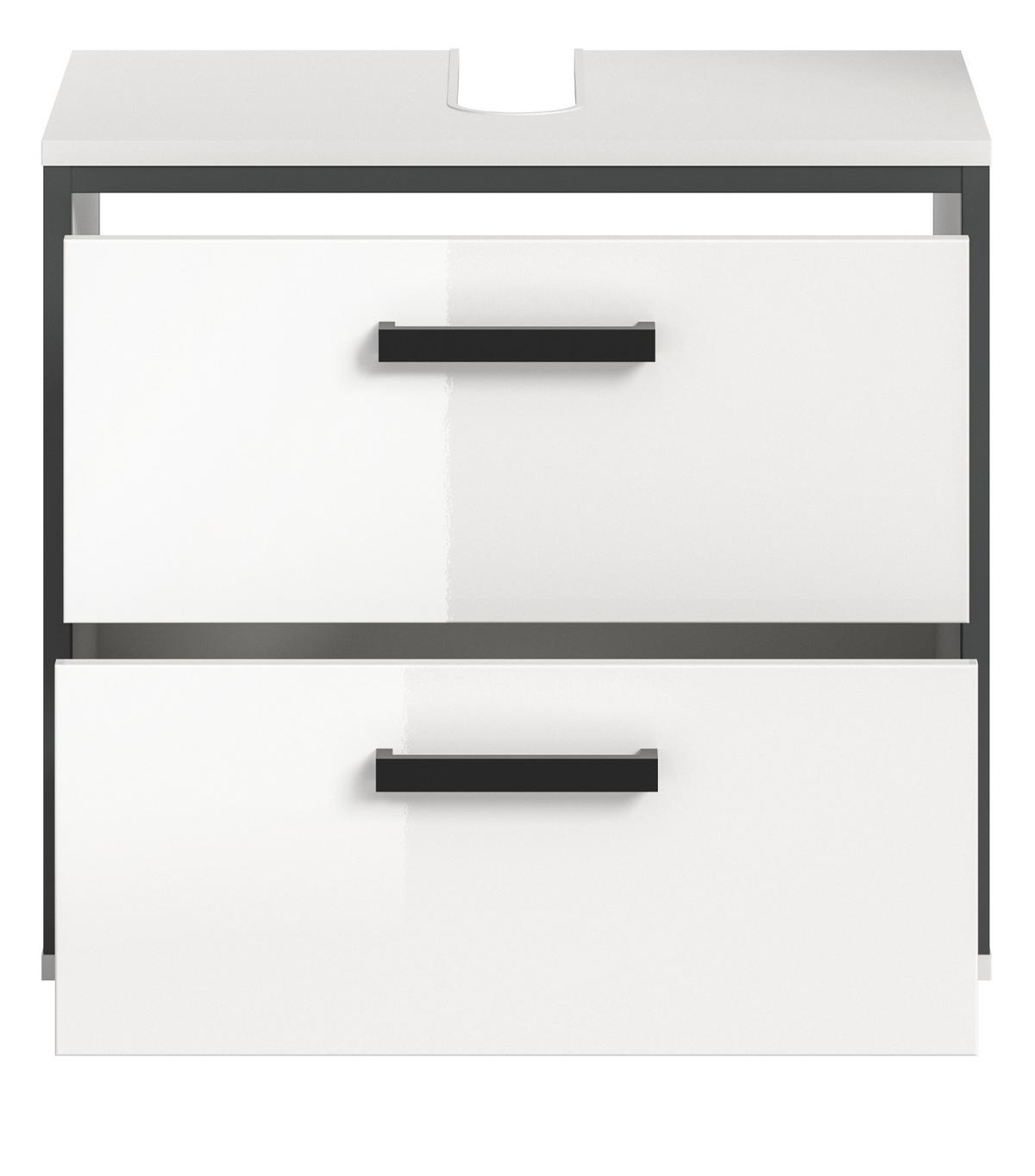 WASCHBECKENUNTERSCHRANK weiß Hochglanz, grau 60 cm, Unterschrank mit Schubkästen - Weiß Hochglanz/Schwarz, Holzwerkstoff/Kunststoff (60/55/37.5cm) - Inn.Furn