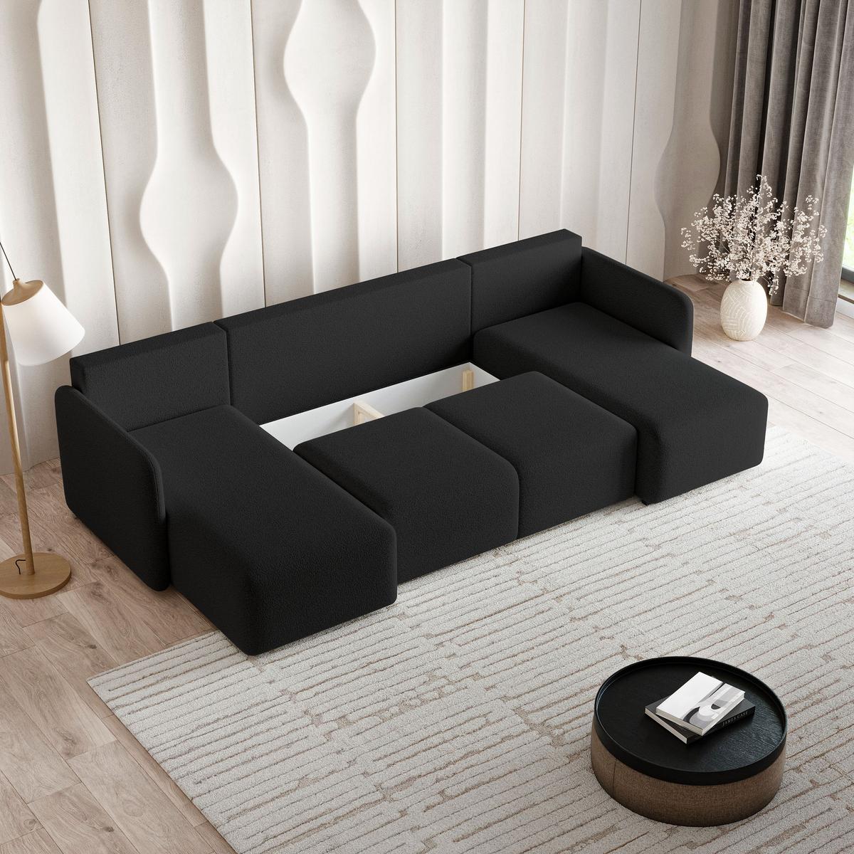 WOHNLANDSCHAFT NUBERO Schwarz Boucle-Stoff mit Schlaffunktion - Schwarz, Holz (285/85/143cm) - MASSENO