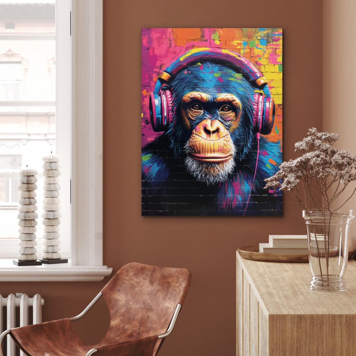 METALLBILD Graffiti - Schimpanse - Straßenkunst - Kopfhörer - Affe 60x80 cm - Blau, Metall (60/80cm) - MuchoWow