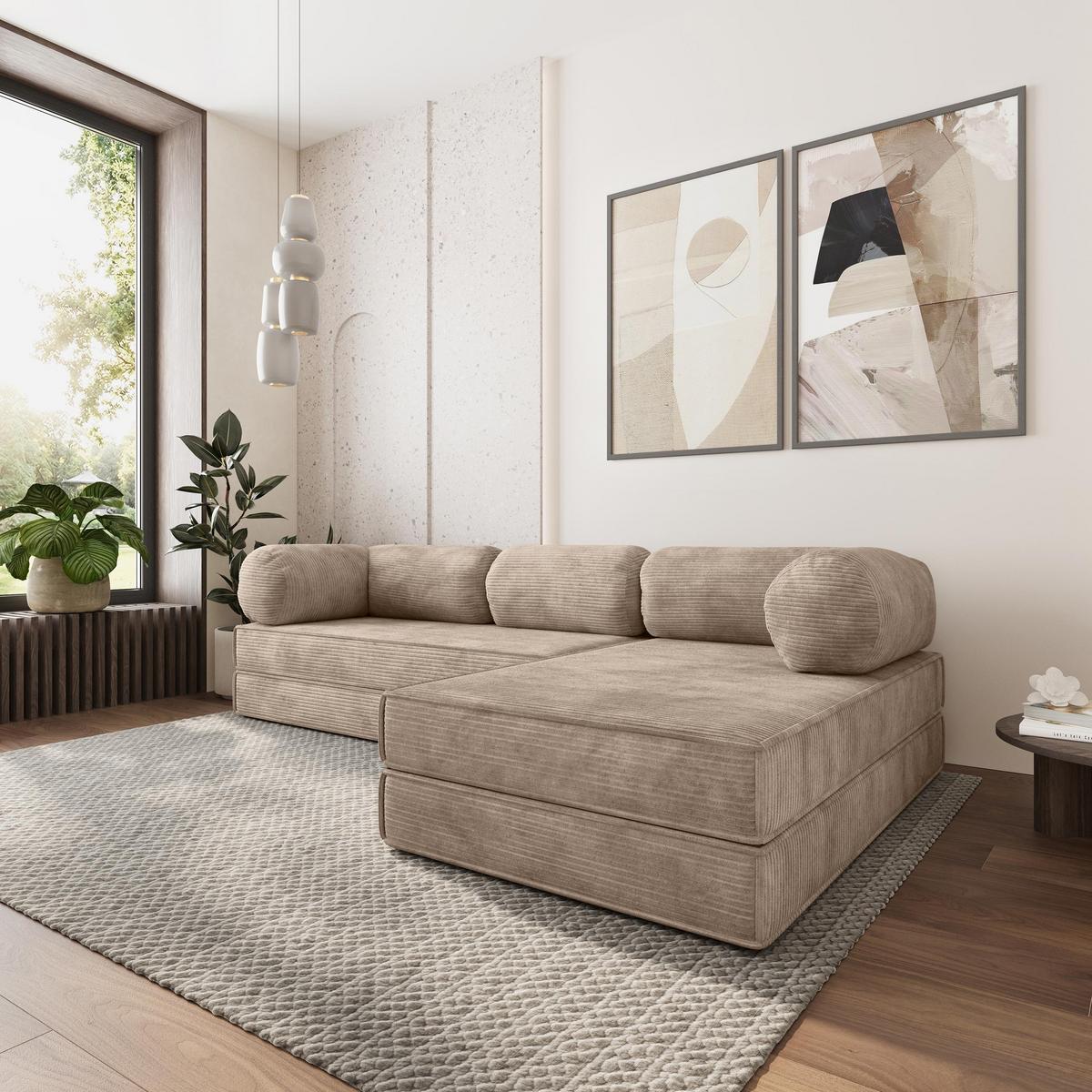 ECKSOFA ETERA modulares Boneless Sofa mit Schlaffunktion Beige Kordstoff - Beige, Textil (270/160cm) - MASSENO