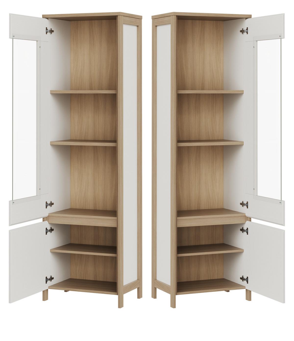 VITRINE in weiß und Eiche Vitrinenschrank skandinavisch 58 x 195 cm, Soft-Close Finnes - Eichefarben/Weiß, Glas/Holzwerkstoff (58/195/39cm) - Furn.Design