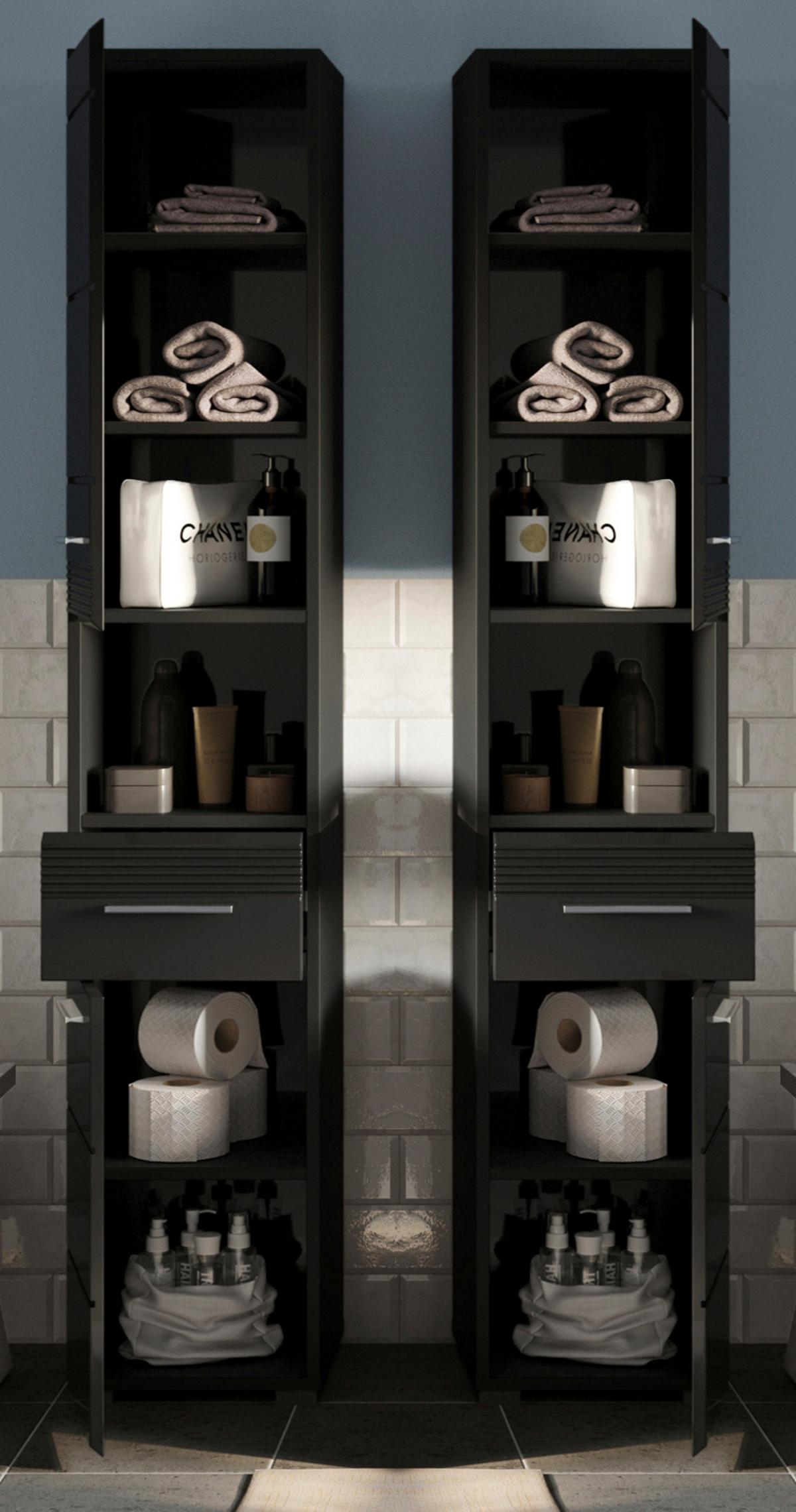 HOCHSCHRANK in schwarz Hochglanz, Badschrank 182 cm - Schwarz Hochglanz/Silberfarben, Holzwerkstoff/Kunststoff (30/182/31cm) - Inn.Furn