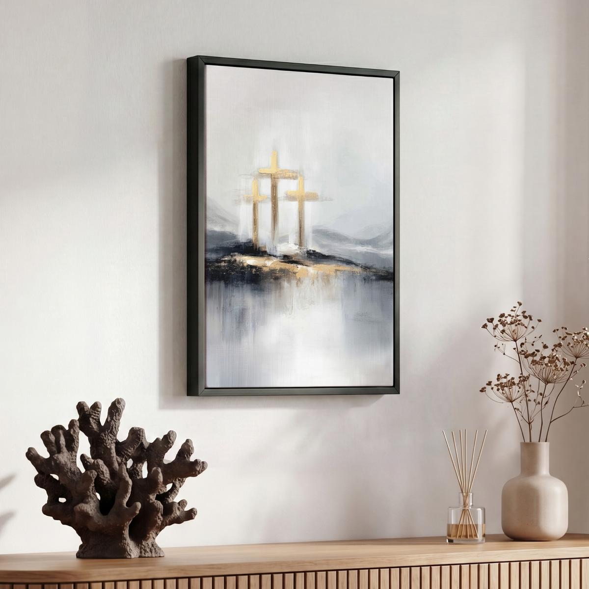 LEINWAND Bilder mit Rahmen - Abstrakt - Malerei - Christentum - Kreuz - 30x40 - Weiß, Textil (30/40cm) - MuchoWow