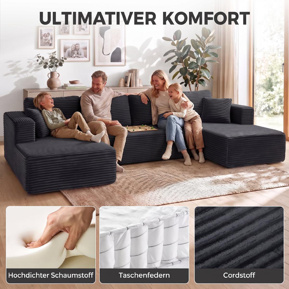 ECKSOFA 3er Set Polyester Grau - Dunkelgrau, Textil (152/369cm) - HOMCOM