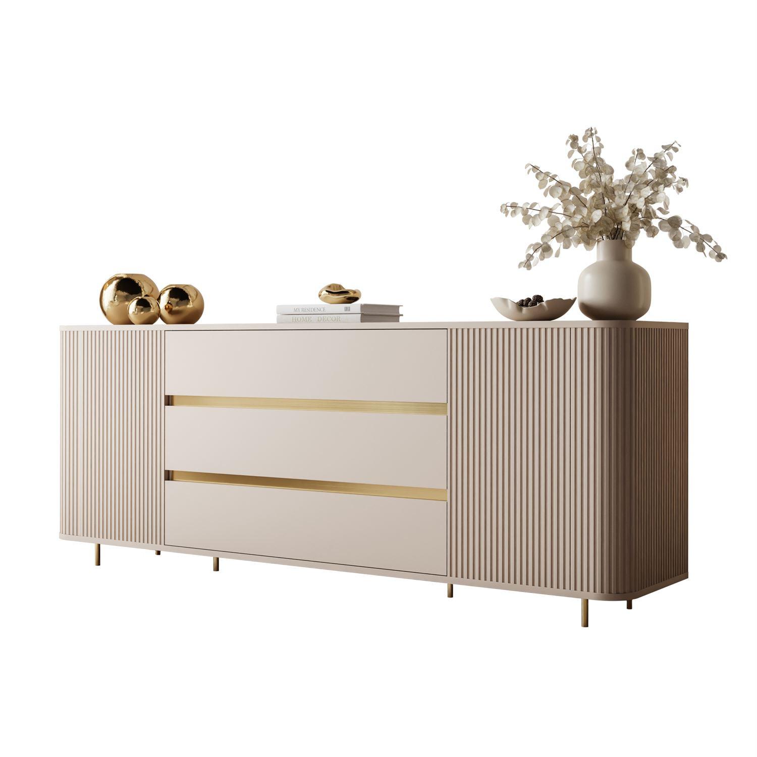 KOMMODE MIRAGE GOLD 2D3S mit geriffelten Seiten und goldenen Details - Beige, Holzwerkstoff (180/73/40cm) - Lookway