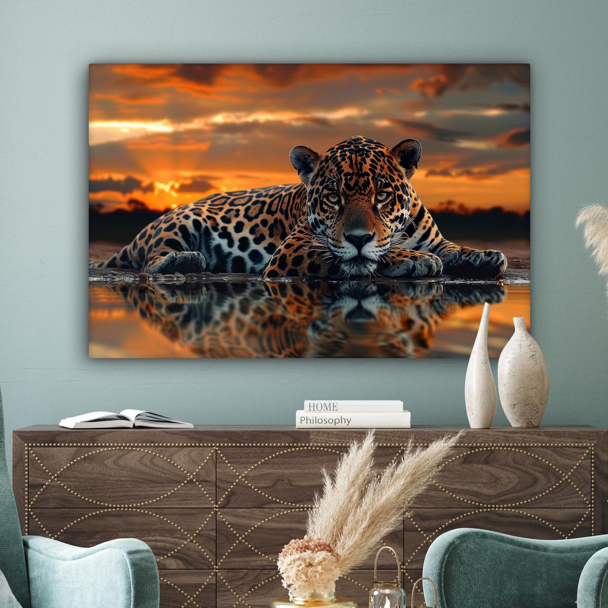 LEINWANDBILD Natur - Leopard - Tier - Sonnenuntergang - Modern XXL 150x100 cm - Orange, Textil (150/100cm) - MuchoWow