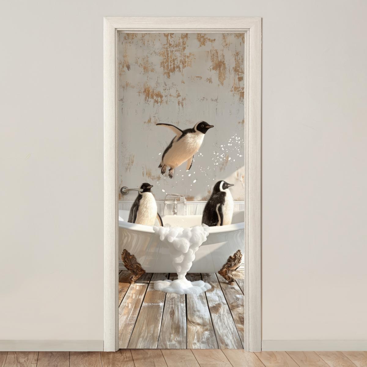 TÜRAUFKLEBER Vintage - Pinguin - Badewanne - Schaumstoff Deko Schlafzimmer 95x215 cm - Türtapete - Hellbraun, Kunststoff (95/0.1/215cm) - MuchoWow