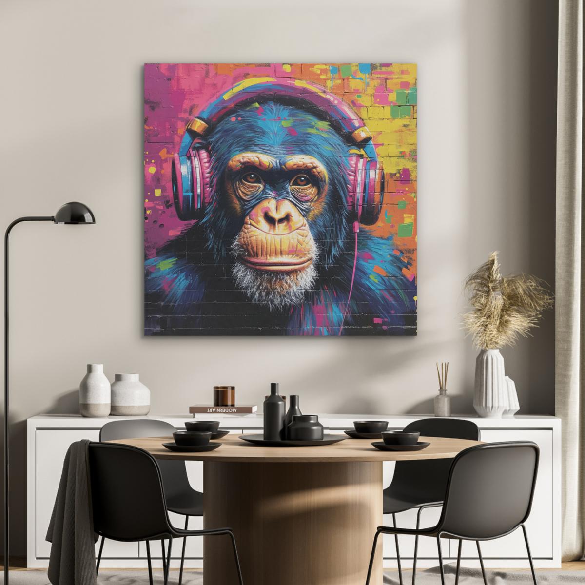 AKUSTIKBILD Graffiti - Schimpanse - Straßenkunst - Kopfhörer - Affe Akustikpaneele 90x90 cm - Blau, Kunststoff (90/90/0.9cm) - MuchoWow