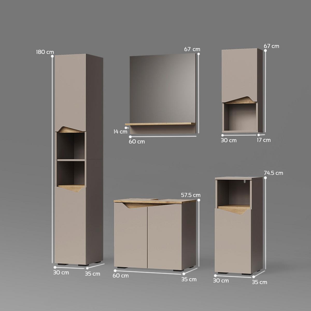 BADMÖBEL-KOMBINATION Timavo Greige 5 Teile - Greige, Holzwerkstoff (60/57/35cm) - Livinity®