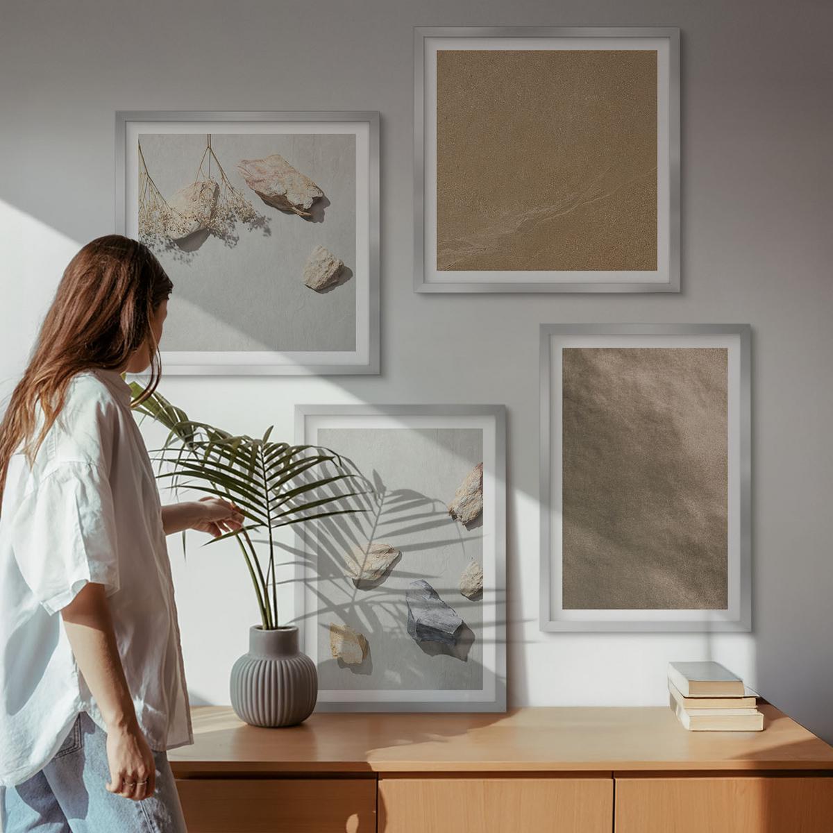 BILDER SET 4er Set - 50x50 cm & 40x60 cm Silberner Rahmen - Strandsteine natürliche Strukturen - Silberfarben, Kunststoff (50/50cm) - TULUP