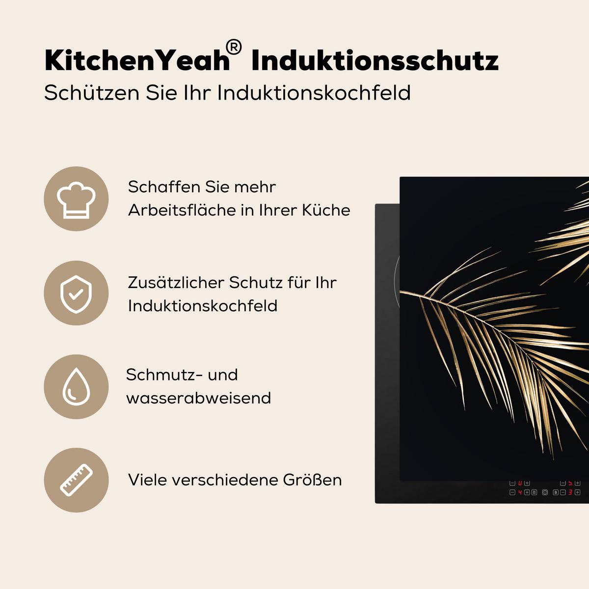 HERDABDECKPLATTE Blätter - Pflanzen - Gold - Schwarz - Luxus Induktionsmatte 78x78 cm - Goldfarben, Kunststoff (78/78/0.2cm) - MuchoWow