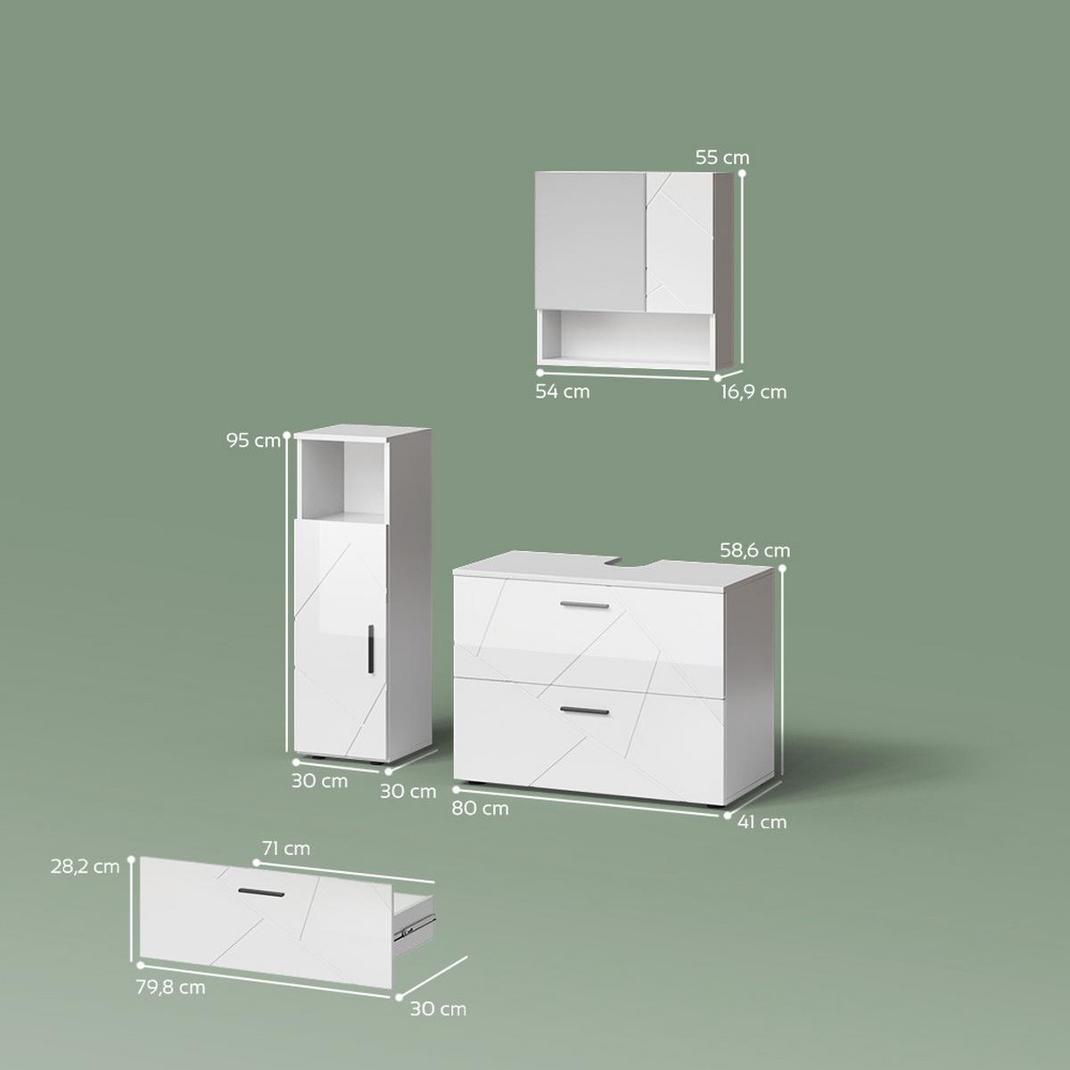 BADMÖBEL-SET Ronco Weiß Hochglanz 3 Teile, mit Midischrank - Weiß Hochglanz, Holzwerkstoff (54/55/41cm) - Livinity®