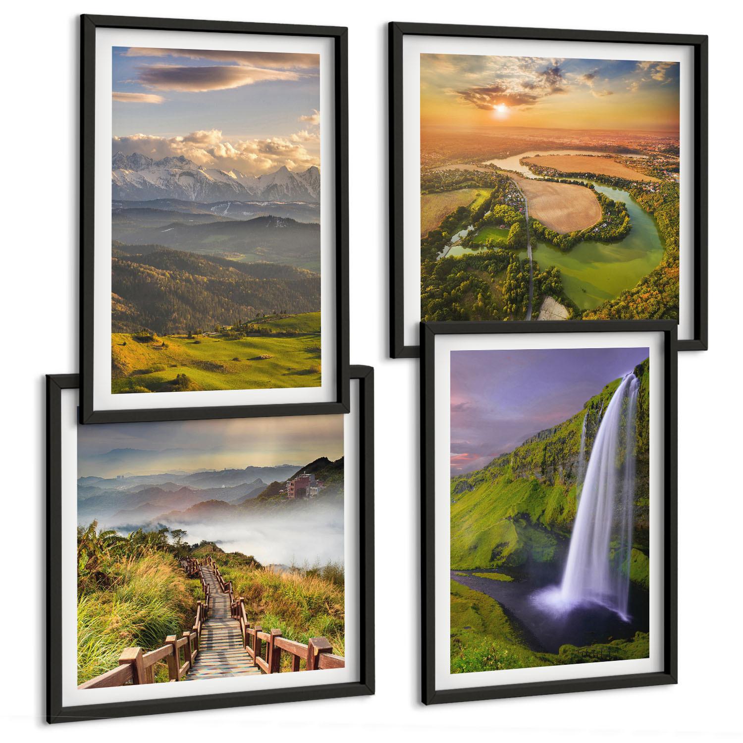 BILDER SET 4er Set - 50x50 cm & 40x60 cm Schwarzer Rahmen - Ausblicke auf Berge, Flüsse und Wasserfälle - Schwarz, Kunststoff (50/50cm) - TULUP
