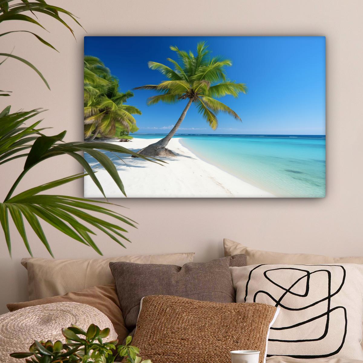 LEINWANDBILD Strand - Palme - Tropisch - Meer Wanddeko 90x60 cm - Grün, Textil (90/60cm) - MuchoWow