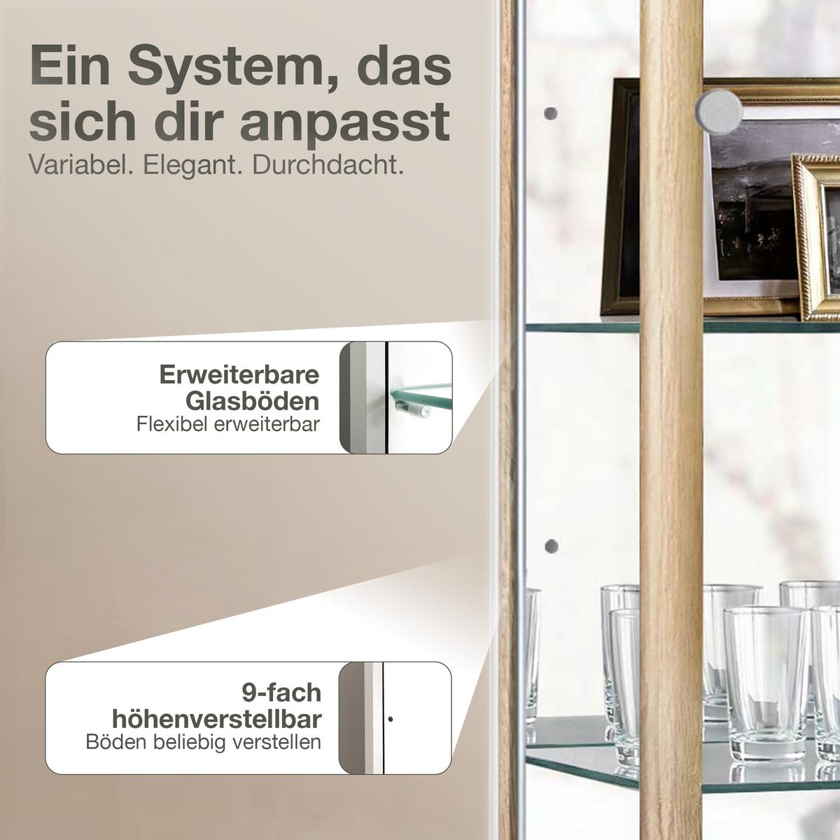 VITRINE 33/67/176 cm mit Spiegel, LED, Schloss & 4 höhenverstellbaren Glasböden - Transparent/Silberfarben, Glas/Holzwerkstoff (67/176/33cm) - K-Möbel
