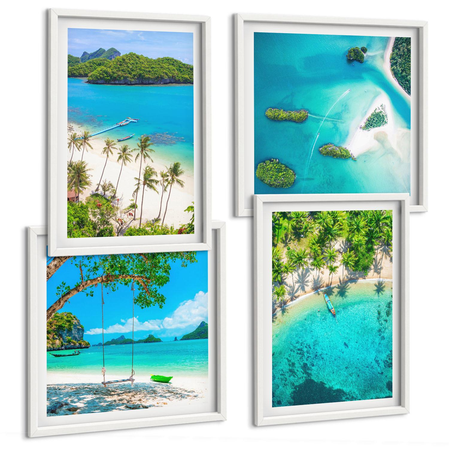 BILDER SET 4er Set - 50x50 cm & 40x60 cm Weißer Rahmen - Strände, Palmen, kristallklares Wasser - Weiß, Kunststoff (50/50cm) - TULUP