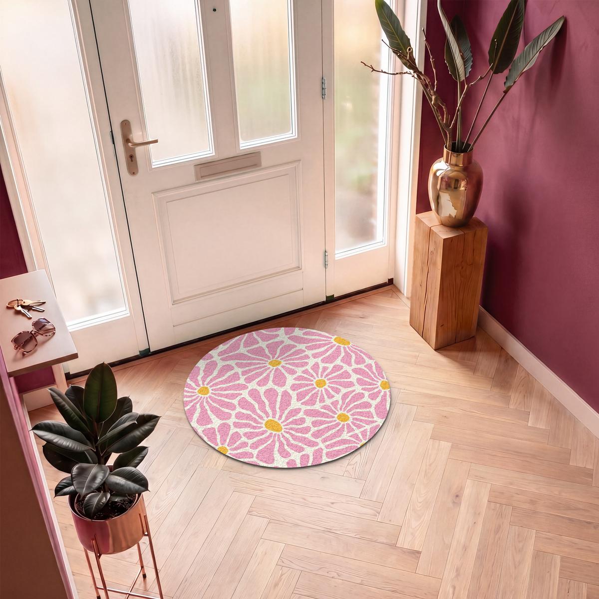 FUSSMATTE Blumen - Muster - Rosa - Beige - Orange Sauberlaufmatte 90x90 cm - Rosa, Kunststoff (90/0.4cm) - MuchoWow