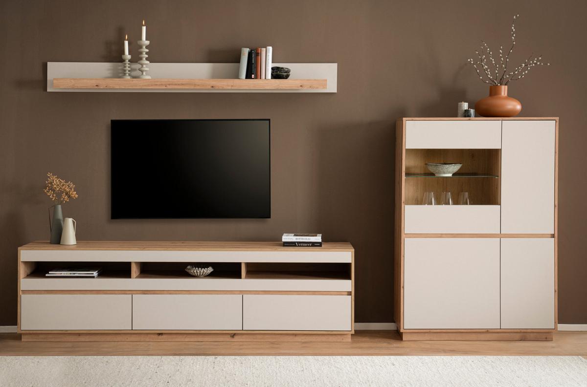 TV-LOWBOARD Kaschmir Sand und Eiche Artisan 202 cm, TV Unterschrank mit Schubkästen - Kaschmir/Eiche Artisan, Holzwerkstoff/Metall (202/60/45cm) - Furn.Design