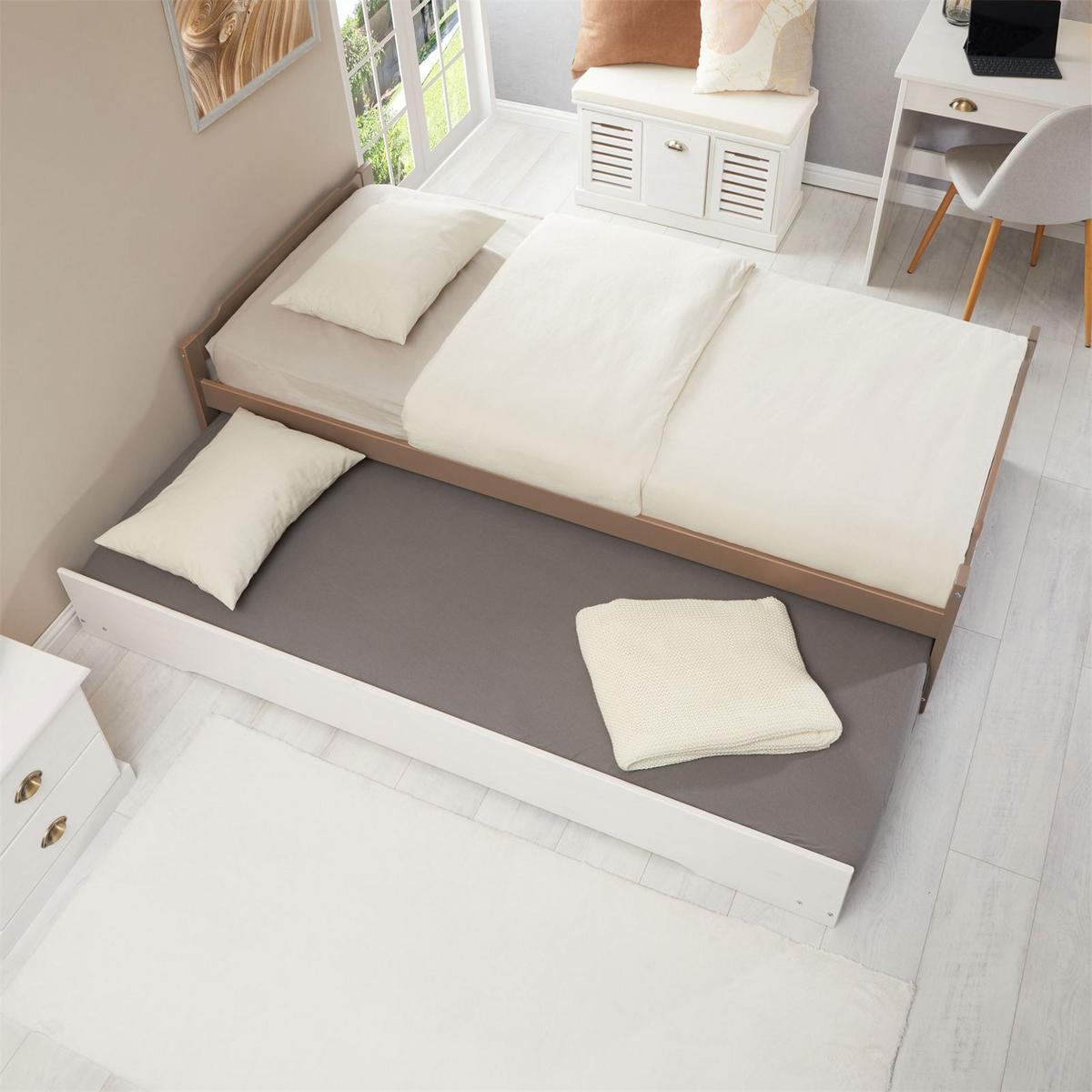 TANDEMBETT LORENA 90x190 cm taupe/weiß - Taupe/Weiß, Holz (90/190cm) - IDIMEX