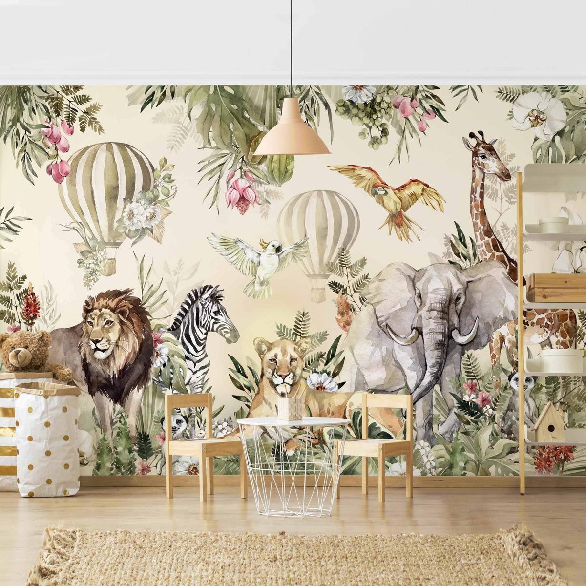 FOTOTAPETE Aquarell Savannen Tiere 384/255 cm - Multicolor, Papier (384/255cm) - Bilderwelten