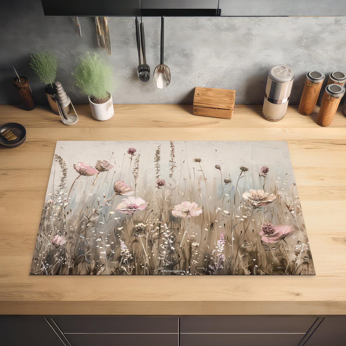 HERDABDECKPLATTE Blumen - Beige - Trockenblumen Induktionsmatte 77x51 cm - Beige, Kunststoff (77/51/0.2cm) - MuchoWow