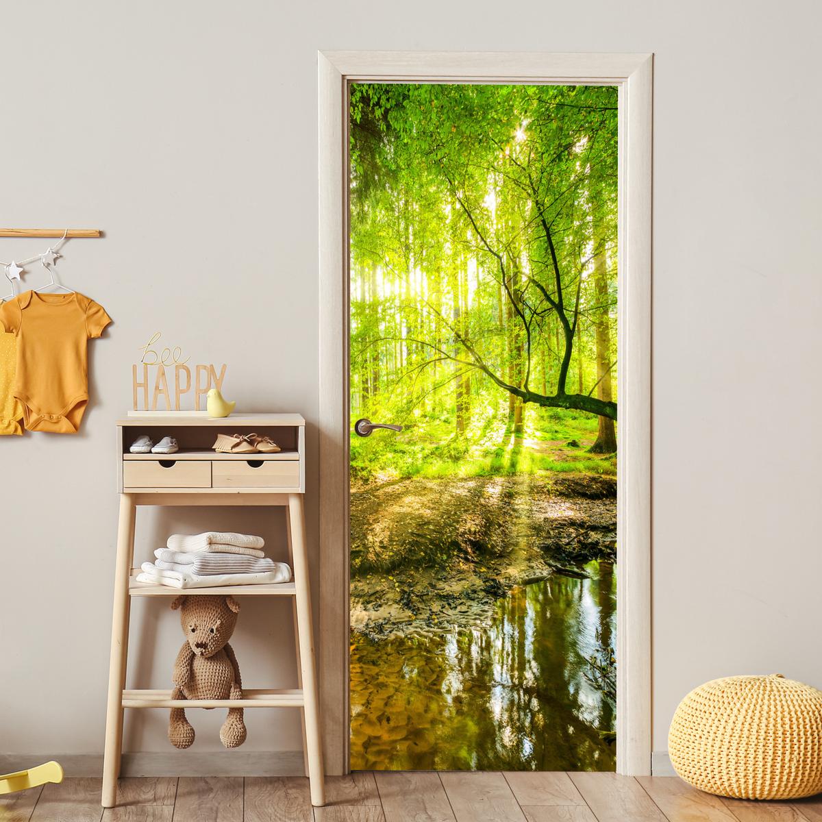 TÜRAUFKLEBER Wald - Landschaft - Wasser - Bäume - Sonne - Grün - Natur 85x215 cm - Türtapete - Hellgrün, Kunststoff (85/0.1cm) - MuchoWow