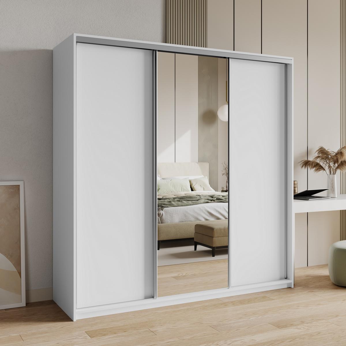 SCHWEBETÜRENSCHRANK TAVI 180/205/60 cm 3-türig mit Spiegel und Schubladen Weiß - Weiß/Nickelfarben, Holzwerkstoff (180/205/60cm) - MASSENO