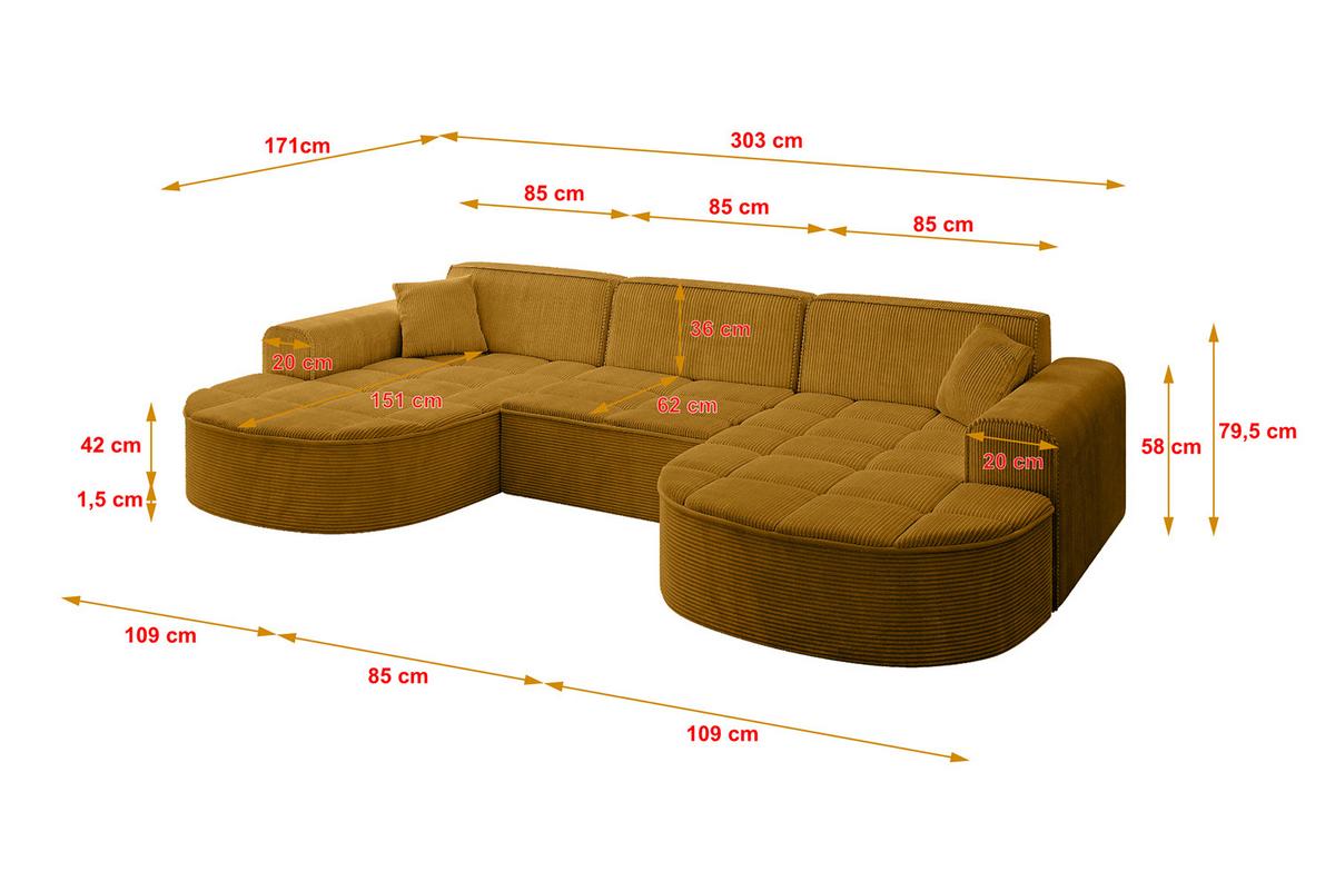 WOHNLANDSCHAFT TARO-U1 - 303x171x79,5 cm Senfgelb - Currygelb/Gelb, Holzwerkstoff/Textil (303/79.5/171cm) - ALTDECOR
