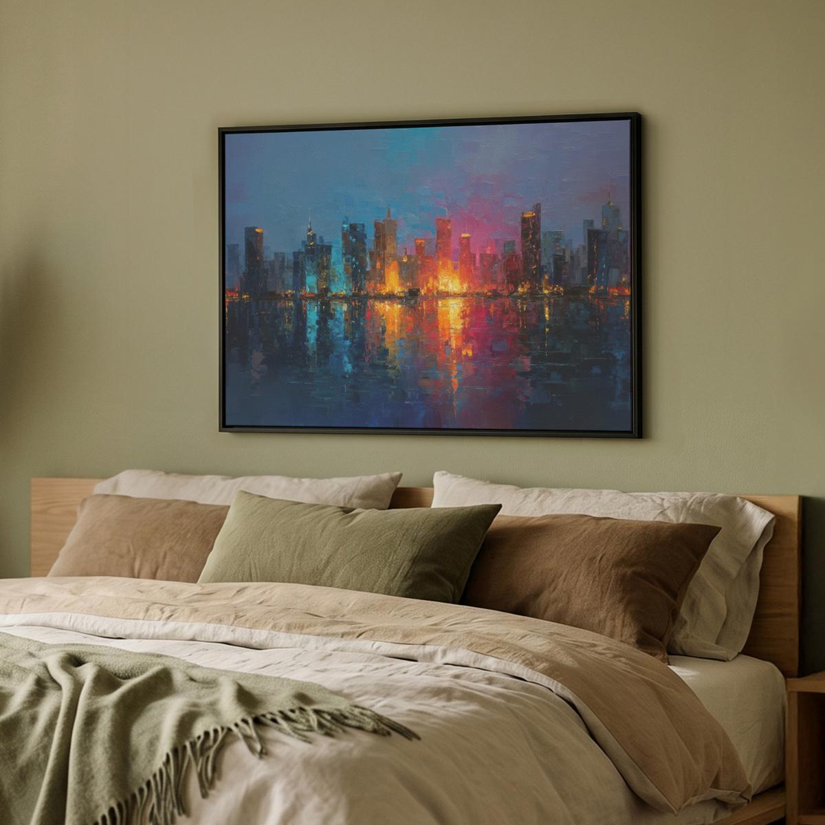 LEINWAND Bilder mit Rahmen - Skyline - Pinselstriche - Dunkelblau - Leuchtend - 80x60 - Blau, Textil (80/60cm) - MuchoWow