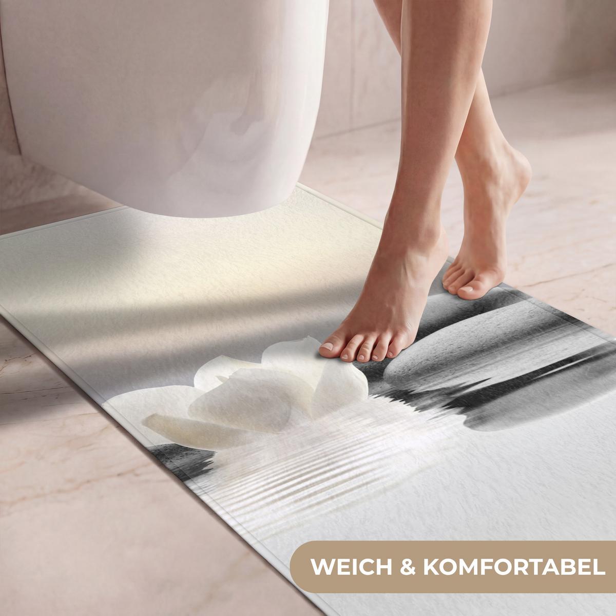 WC-VORLEGER Steine - Lotus - Weiß - Wasser - Zen Toilettenvorleger 60x120 cm - Weiß, Textil (60/1cm) - OnlyWow