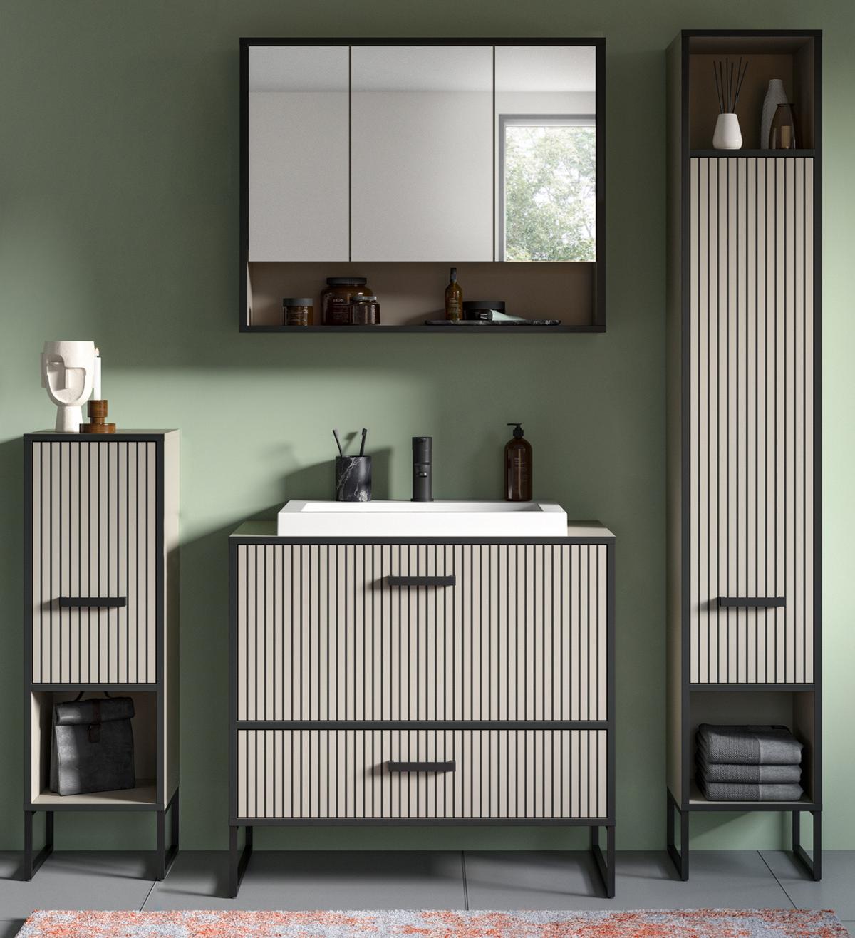 BADMÖBEL-SET schwarz, sand mit Waschbecken 170 cm, Kombination mit Soft-Close - Sandfarben/Schwarz, Glas/Keramik (170/192/48cm) - Inn.Furn