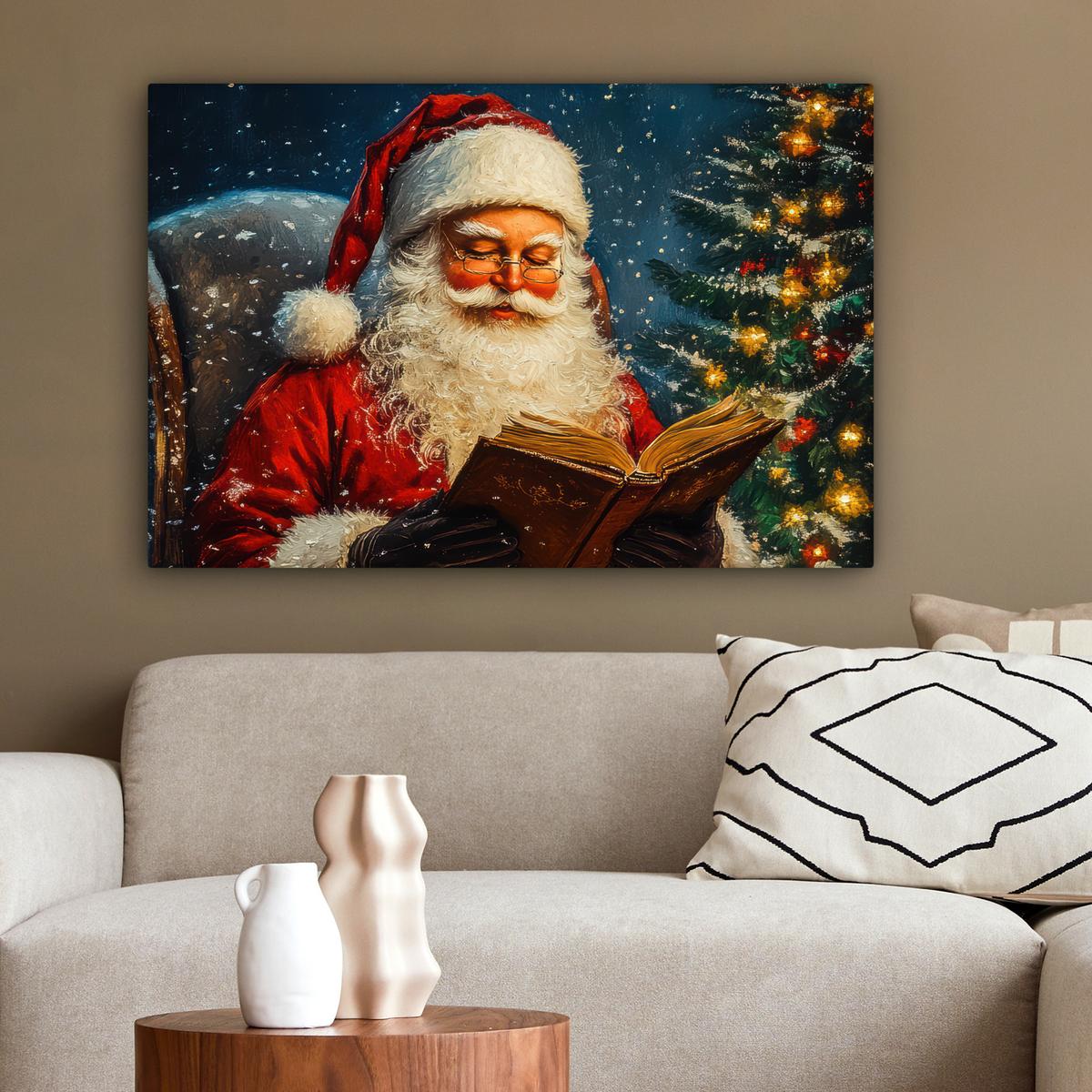 LEINWANDBILD Weihnachtsmann - Weihnachten - Winter - Weihnachtsbaum Wanddeko 90x60 cm - Bordeaux, Textil (90/60cm) - MuchoWow