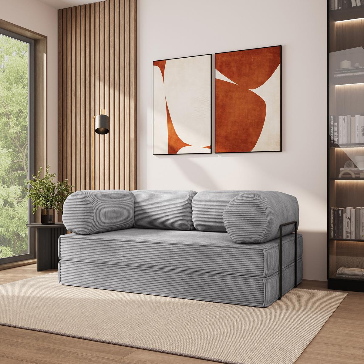 BETTSOFA ALVIO aus Schaumstoff Kordstoff Hellgrau Schlaffunktion - Hellgrau, Textil (170/68/80cm) - MASSENO