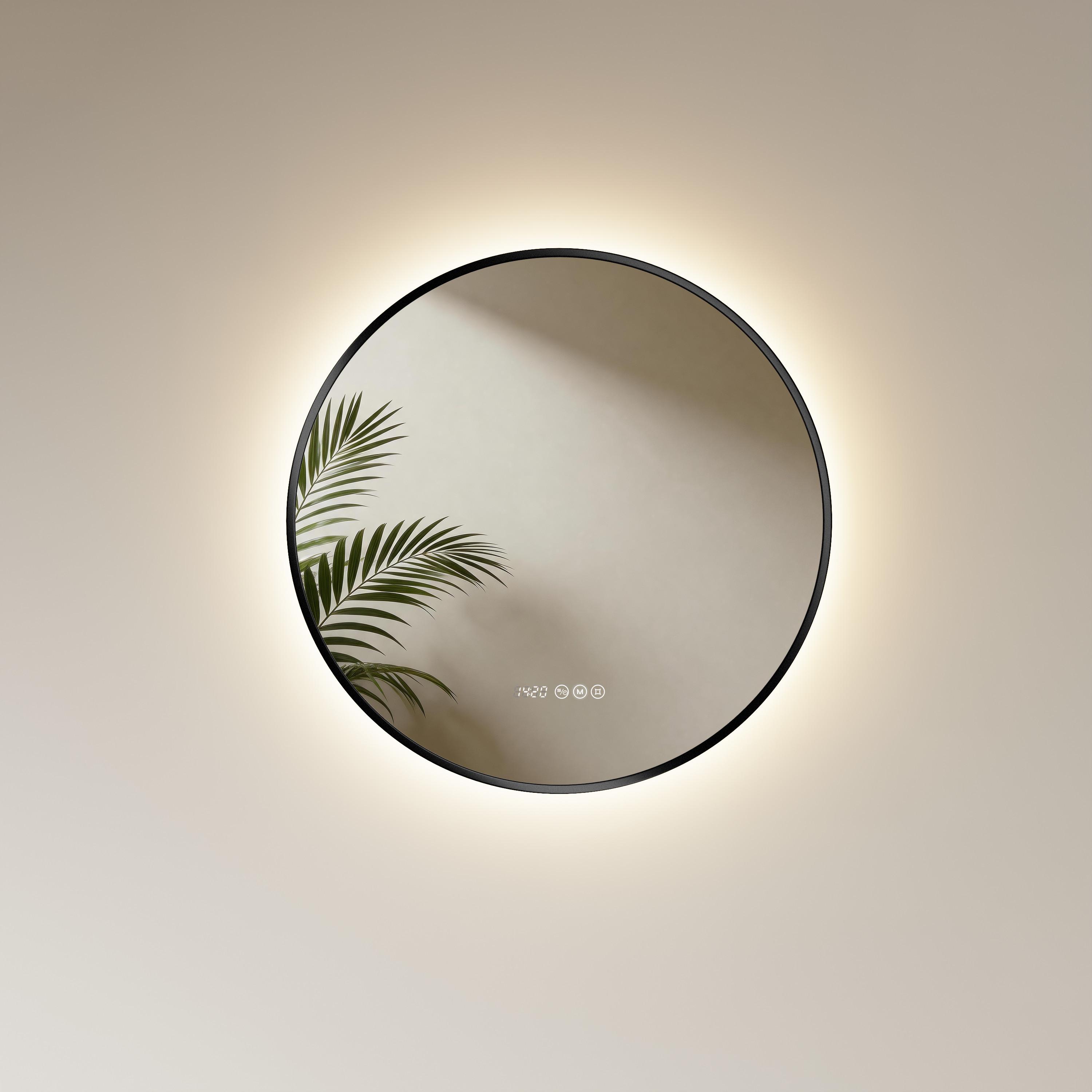 BADSPIEGEL mit LED-Beleuchtung Anti-Beschlag Zeitanzeige Schwarz Ø 70 cm - Schwarz, Glas (70/70/3cm) - EMKE