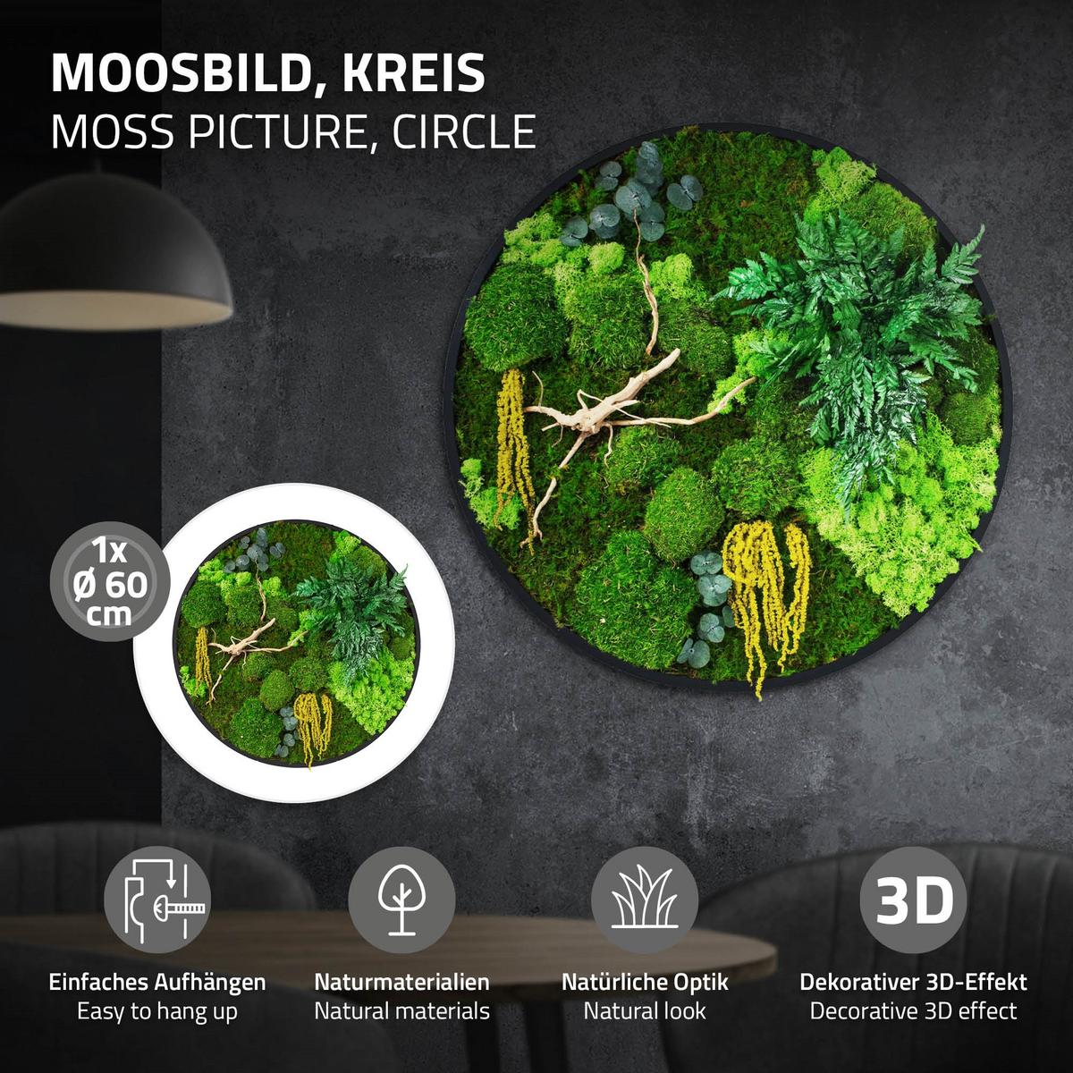 MOOSBILD Rund Ø 60 cm Mooswand Indoor mit echtem Kugel-, Island- und Flachmoos-Mix und Ästen Holzrahmen Grün - Gelb/Grün, Naturmaterialien (60/60/3cm) - ECD-Germany