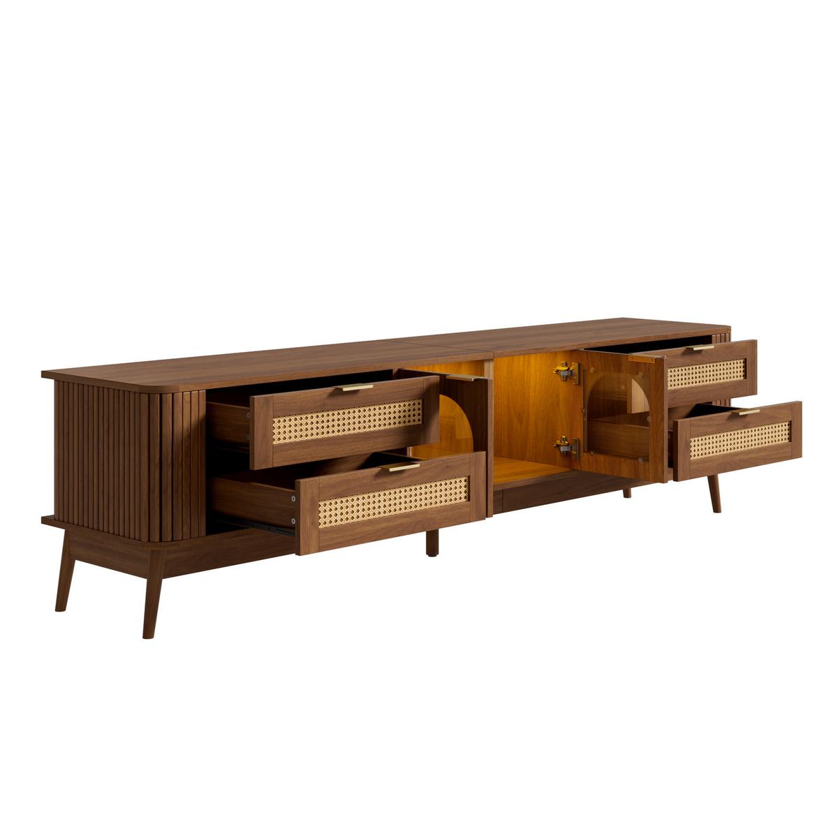 TV-LOWBOARD Nussbaum mit LED-Beleuchtung, Bogen-Glastüren & 4 Schubladen - Walnussfarben, Holzwerkstoff (180/50/40cm) - Urban Meuble
