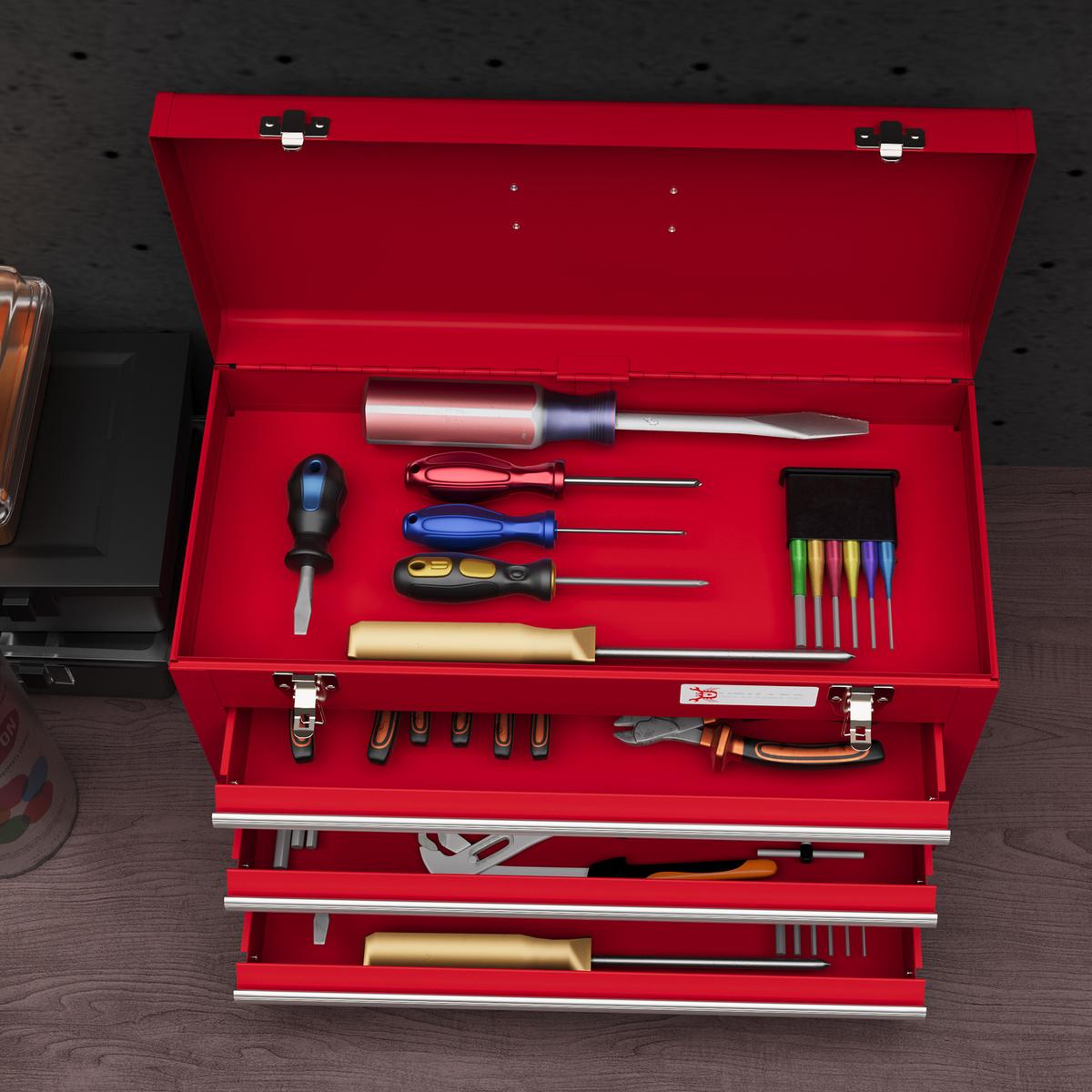 WERKZEUGKOFFER leer, 51 x 22 x 32 cm Werkzeugkasten mit 3 Schubladen Rot - Rot, Metall (22/32/51cm) - DURHAND