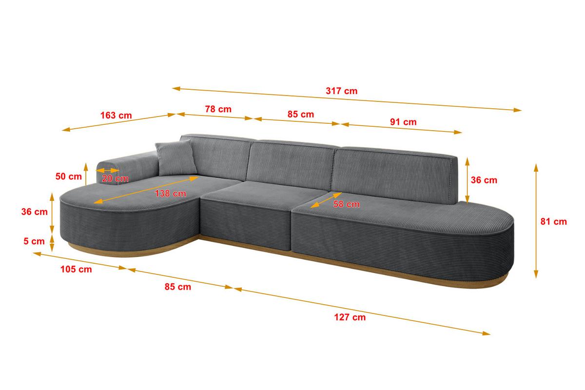 ECKSOFA Ottomane Links MARI-L2-v2 - 328x171x83 cm Dunkelgrau Cord - Dunkelgrau, Holzwerkstoff/Textil (328/171cm) - ALTDECOR