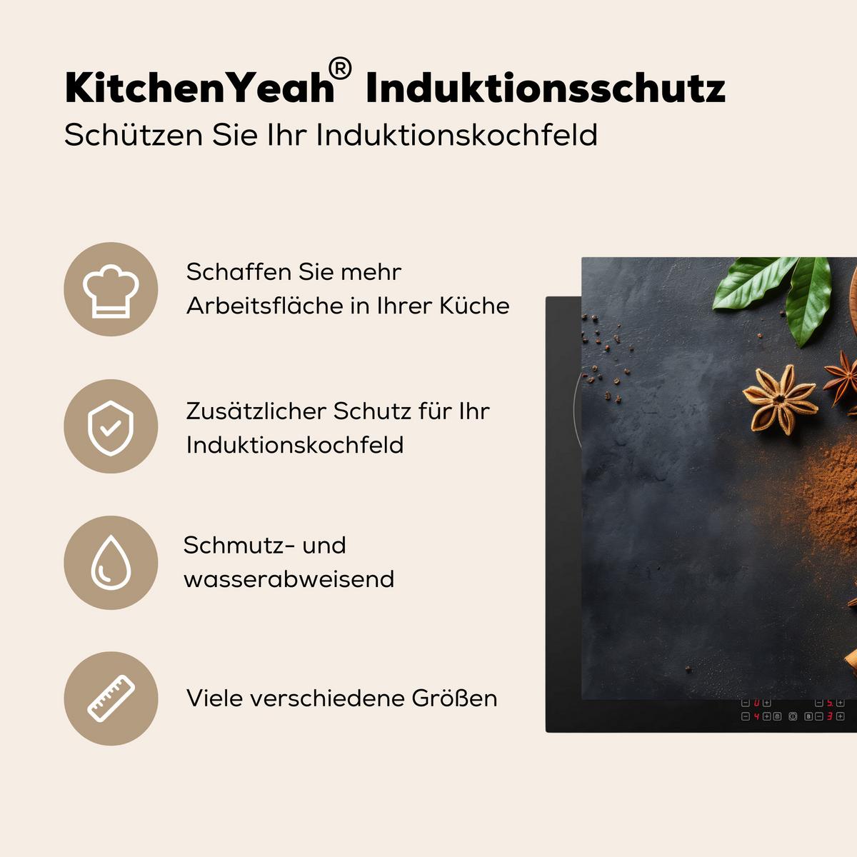 HERDABDECKPLATTE Zimt - Beton - Kaffee - Zimtstangen - Gewürze Herdabdeckung Induktionsfeld 65x52 cm - Mokka, Kunststoff (65/52/0.2cm) - MuchoWow