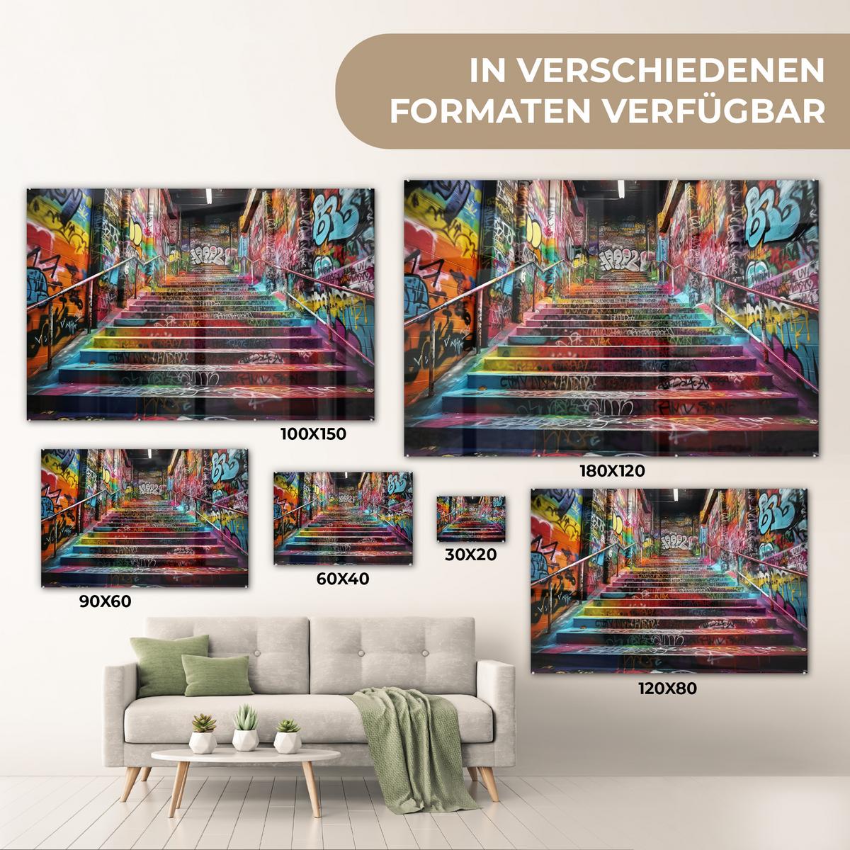 ACRYLGLASBILD Treppe - Graffiti - Farben - Kunst Wandbild Schlafzimmer 120x80 cm - Multicolor, Glas (120/80cm) - MuchoWow